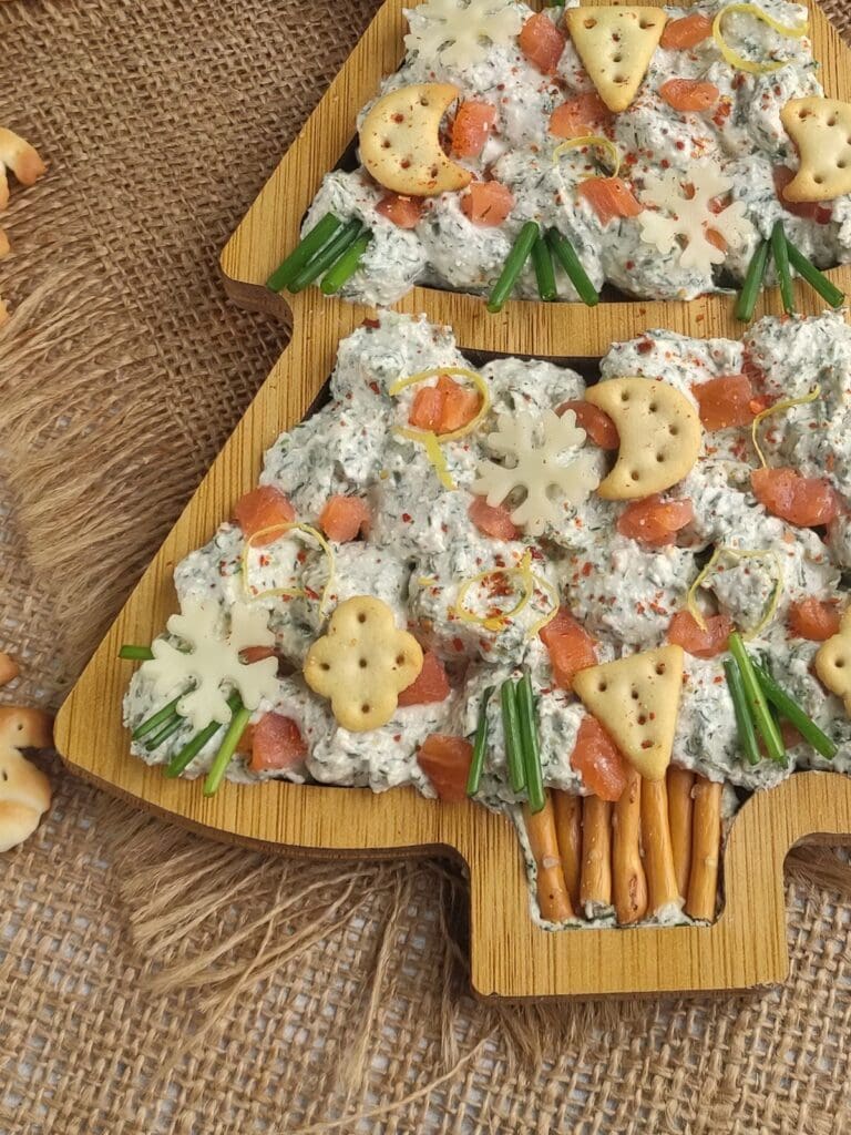 A close up shot of Christmas tree smoked salmon dip.