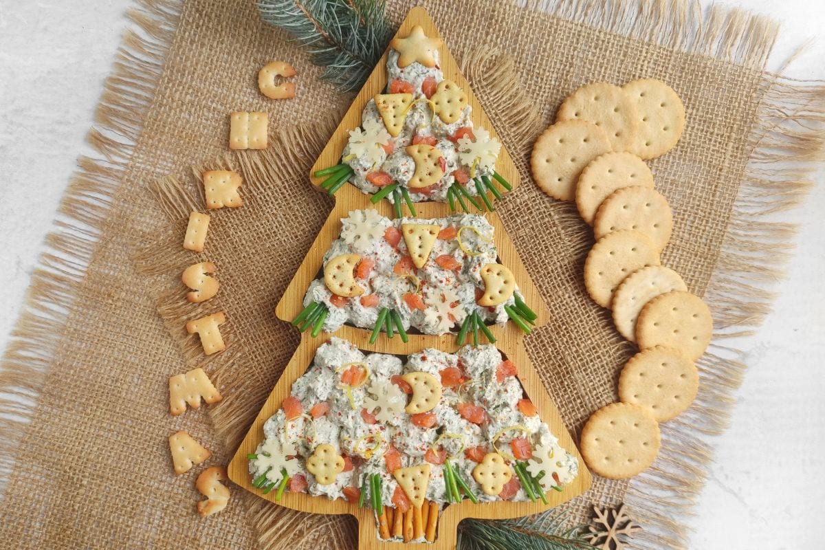 A close up shot of Christmas tree smoked salmon dip.