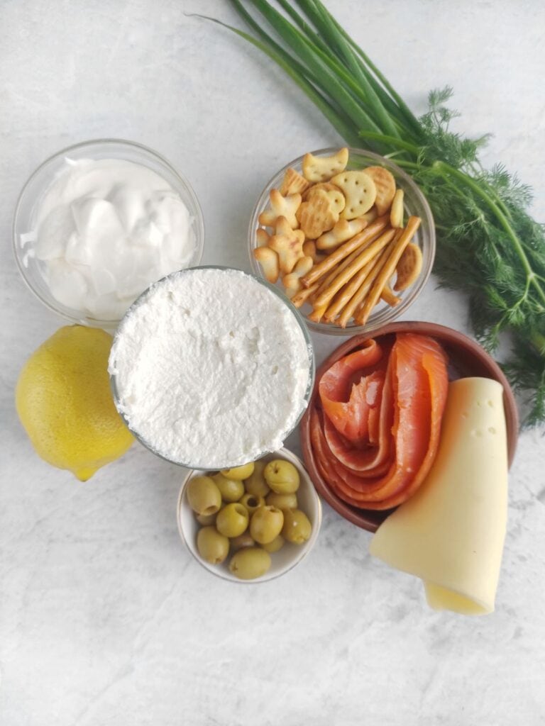 Ingredients for Christmas tree salmon dip.