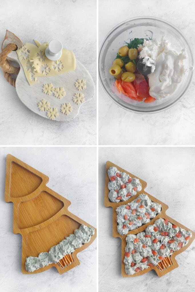 Process shots of Christmas tree salmon dip.