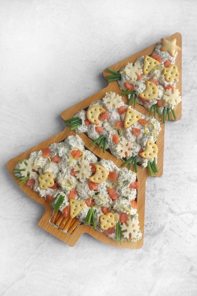 A close up shot of Christmas tree smoked salmon dip.
