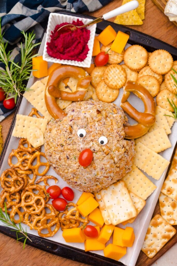 A close up shot of Reindeer cheeseball.