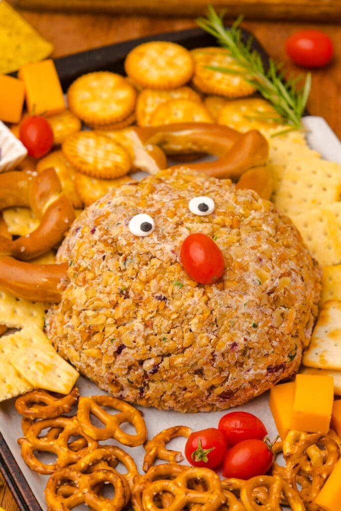 A close up shot of Reindeer cheeseball.