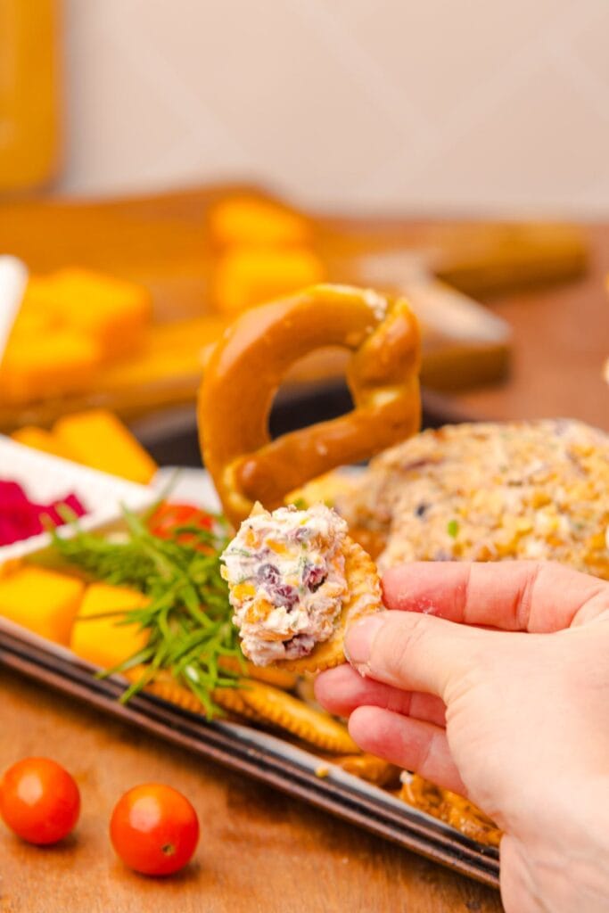 A close up shot of Reindeer cheeseball.