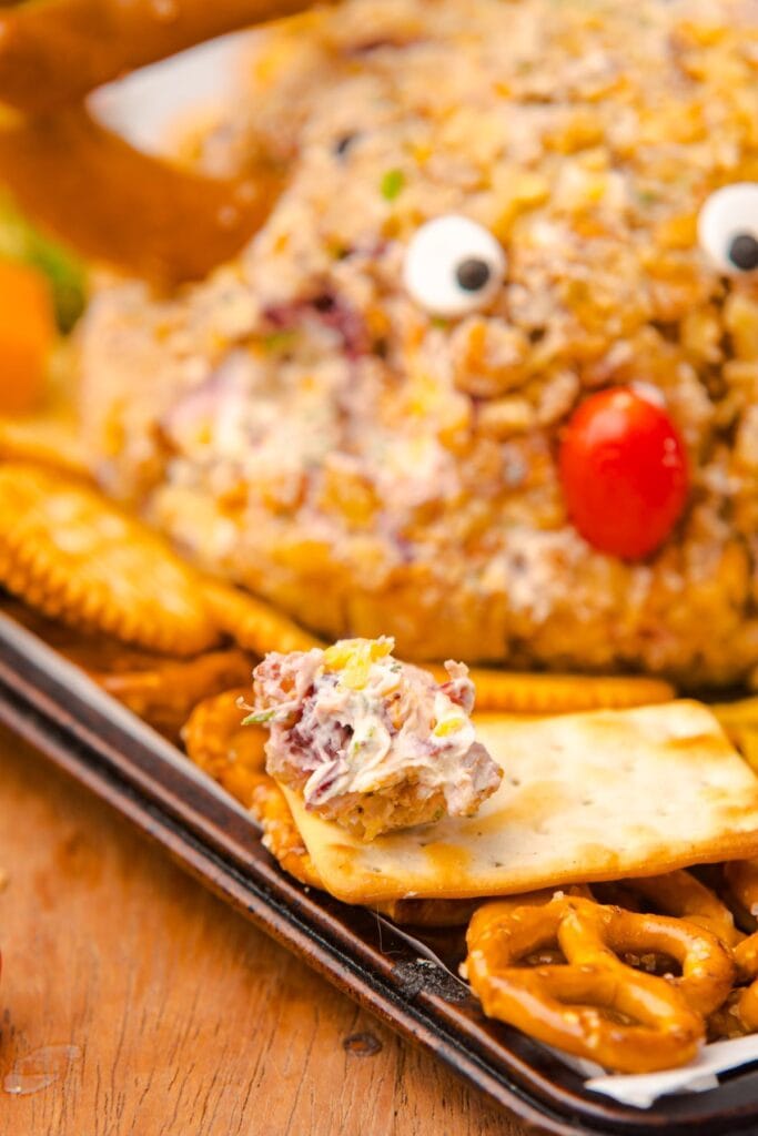 A close up shot of Reindeer cheeseball.
