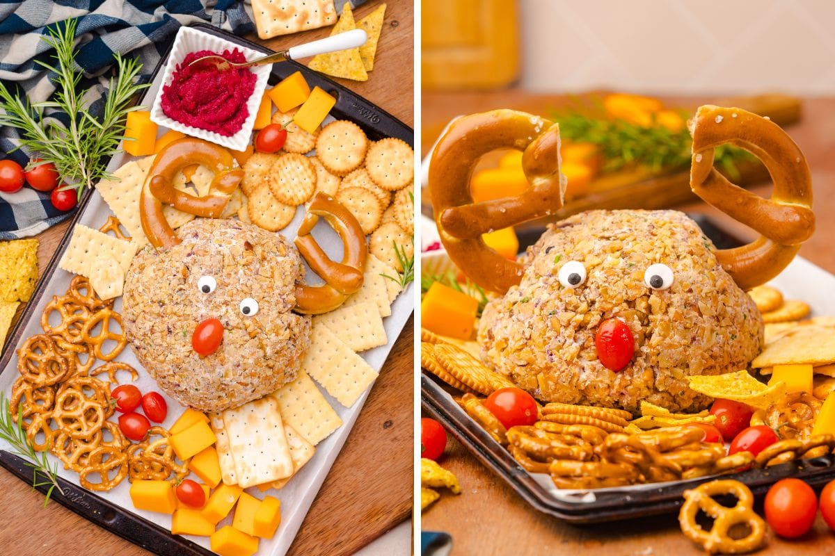 Collage of Reindeer cheese ball.