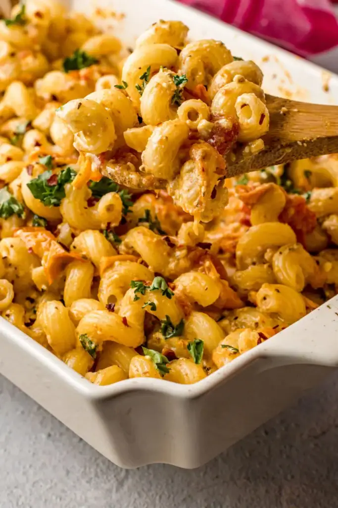 Baked feta pasta in a baking dish.