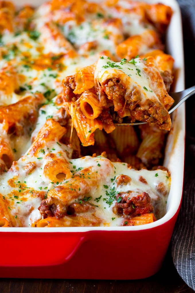 Baked rigatoni in a baking dish.