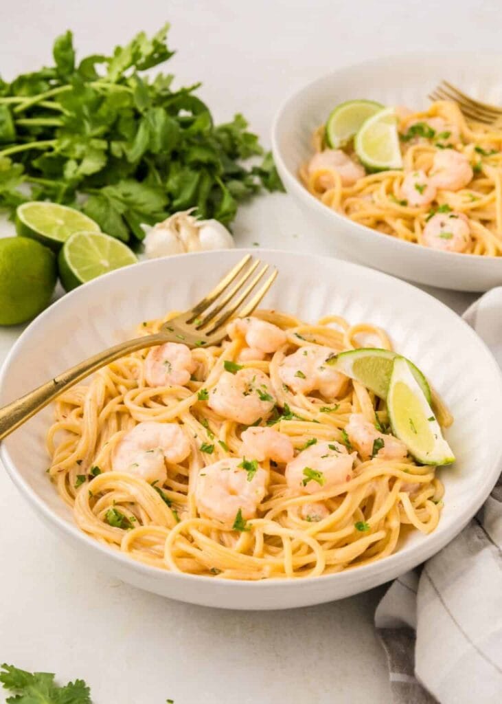 Bang bang shrimp pasta in a bowl.