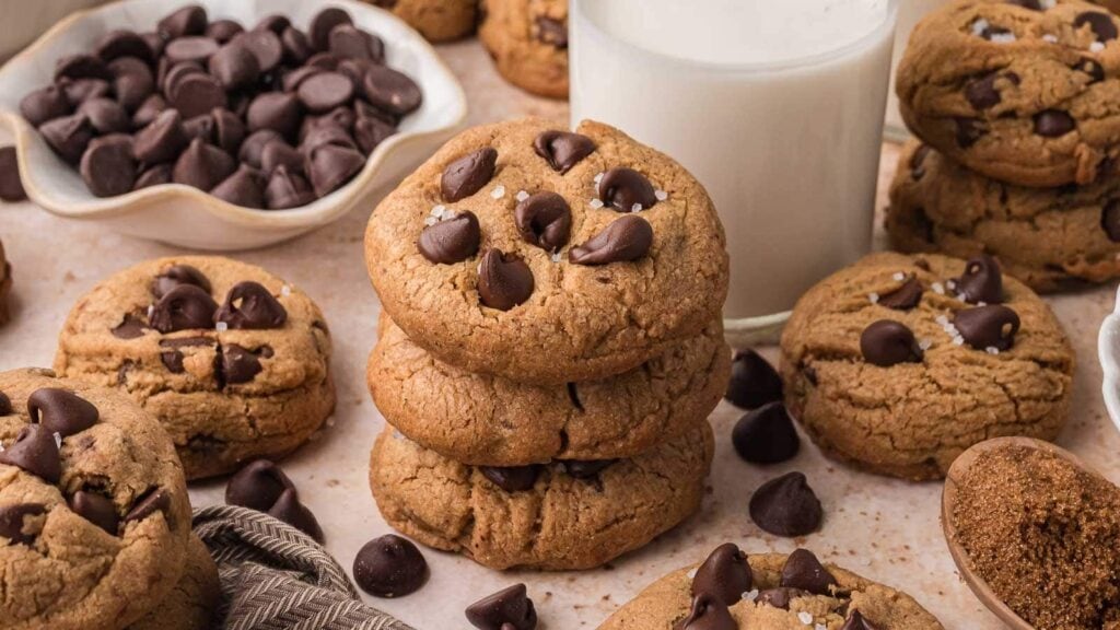 Stack of brown butter chocolate chip cookies.