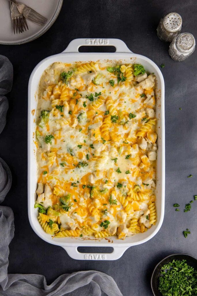 Cheesy chicken casserole in a baking dish.