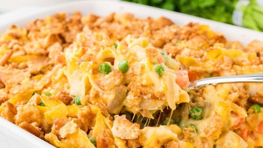 Close-up of Chicken and Noodle Casserole on a spoon.