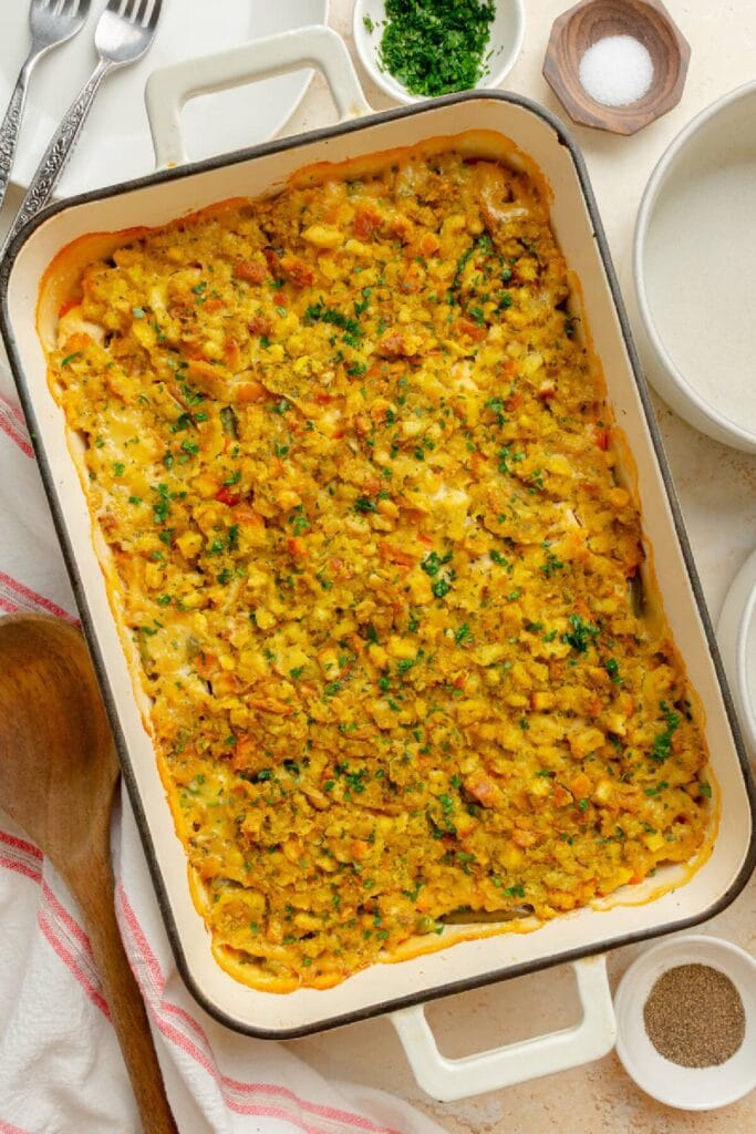 Chicken and Stuffing Casserole in a baking dish.