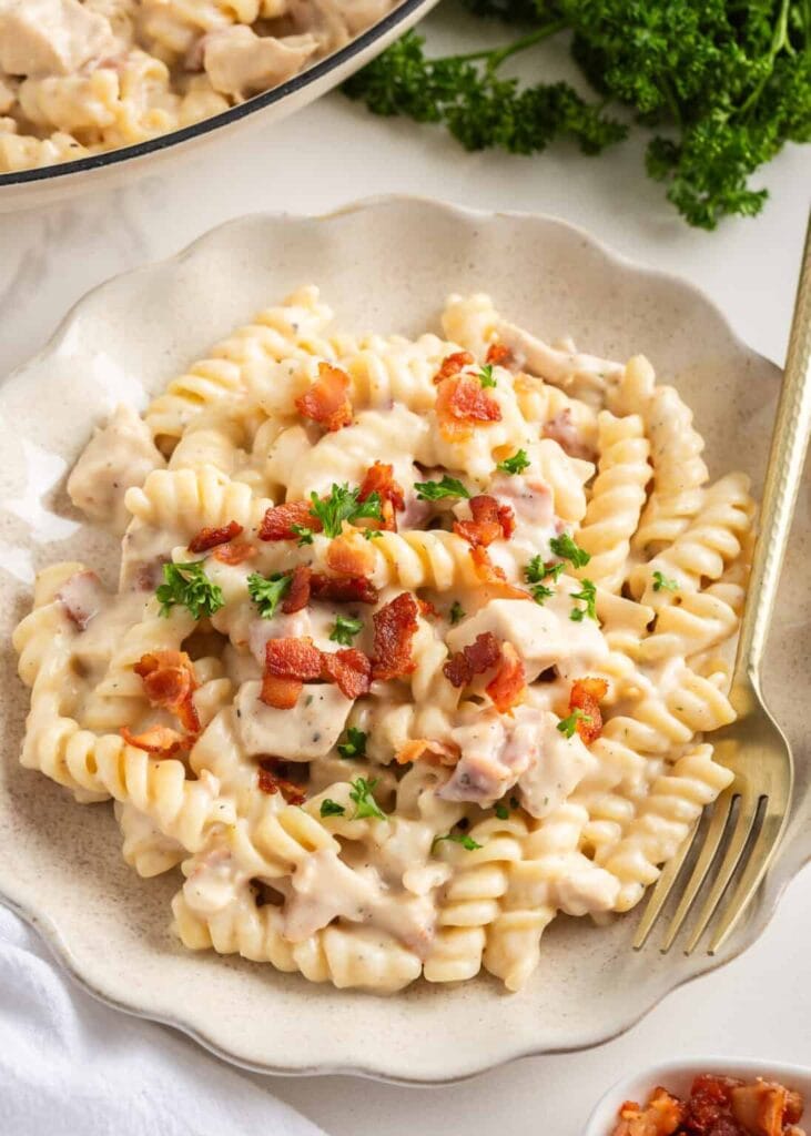 Chicken bacon ranch pasta on a plate.