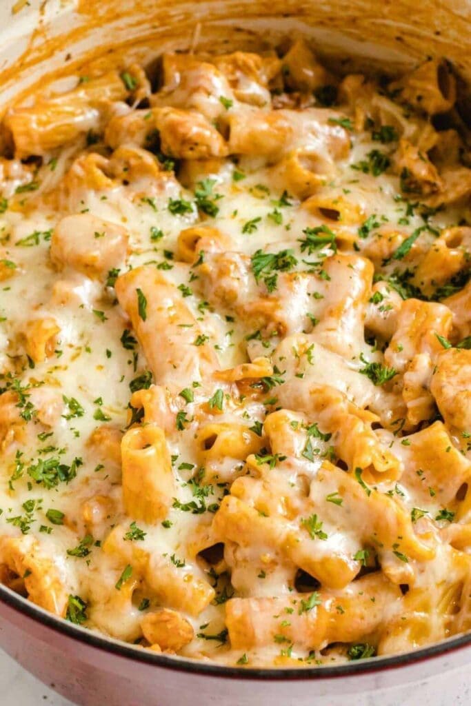 Chicken parmesan pasta in a pot.