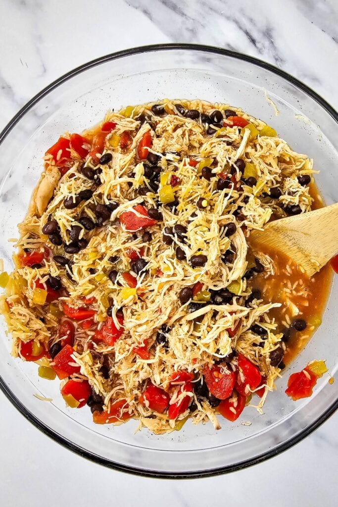 Chicken Taco Casserole ingredients mixed in a bowl.