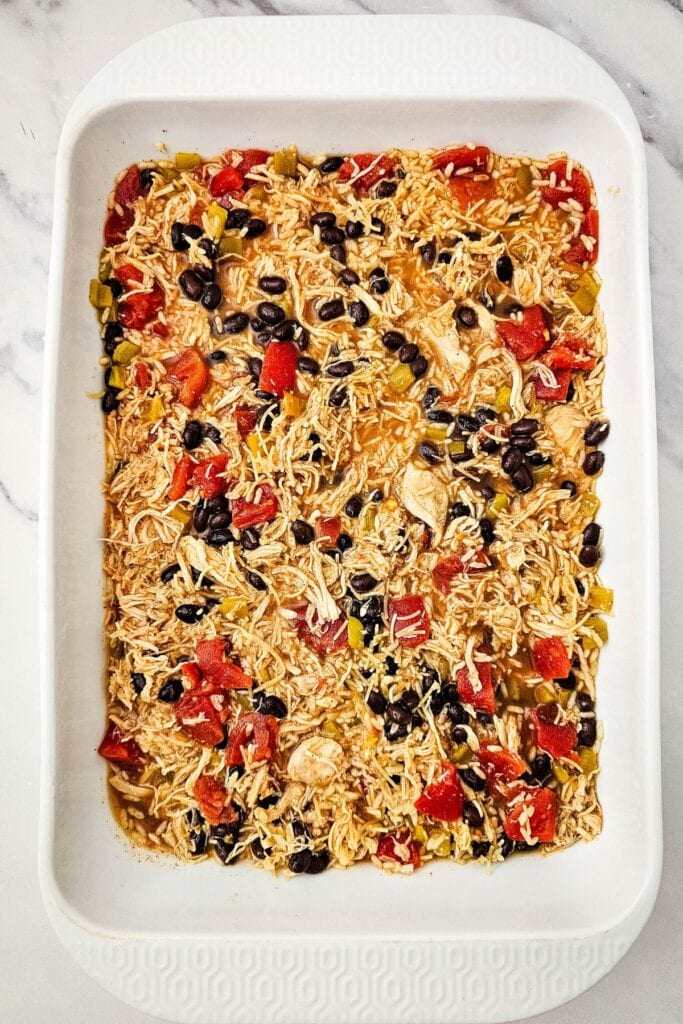 Chicken Taco Casserole mixture placed in a baking dish.