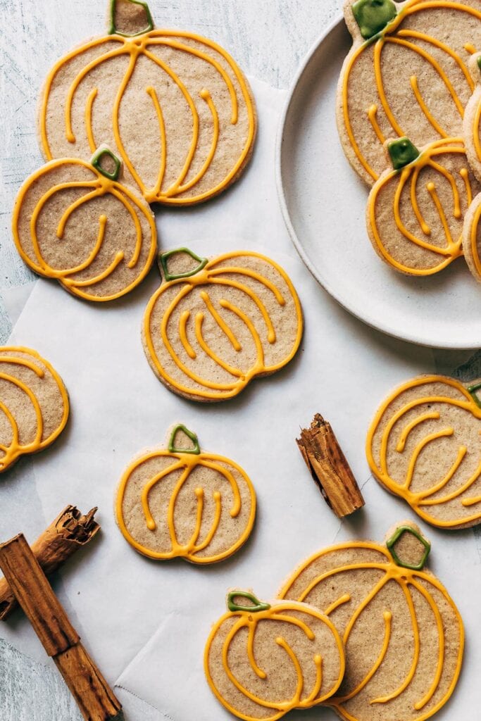 Cinnamon sugar cookies on parchment paper.