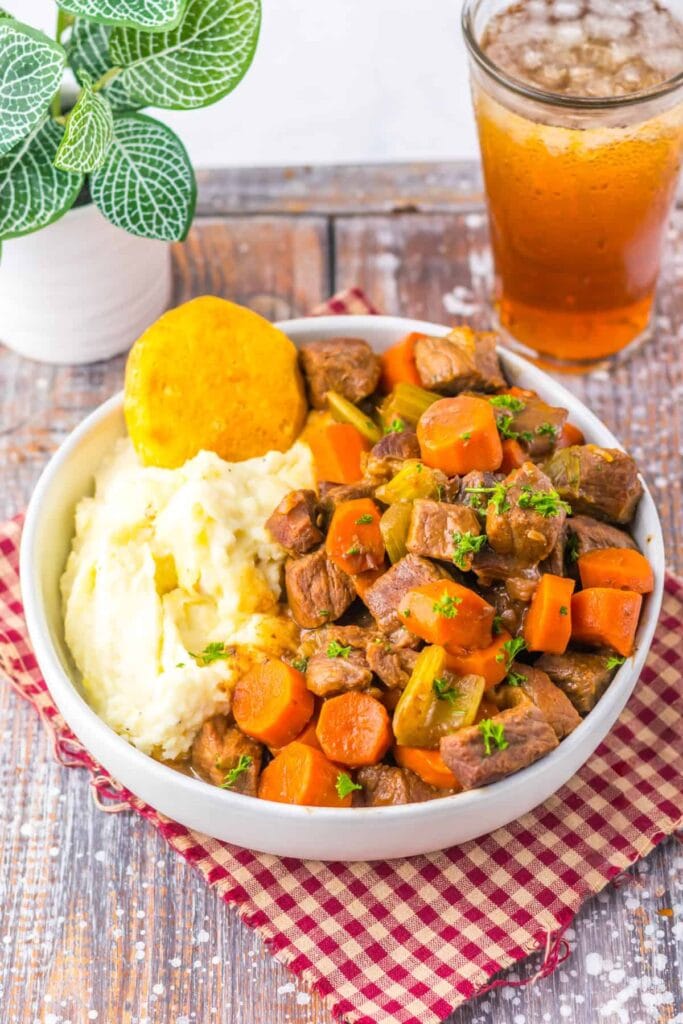 Cracker Barrel pot roast with mashed potatoes in a bowl.