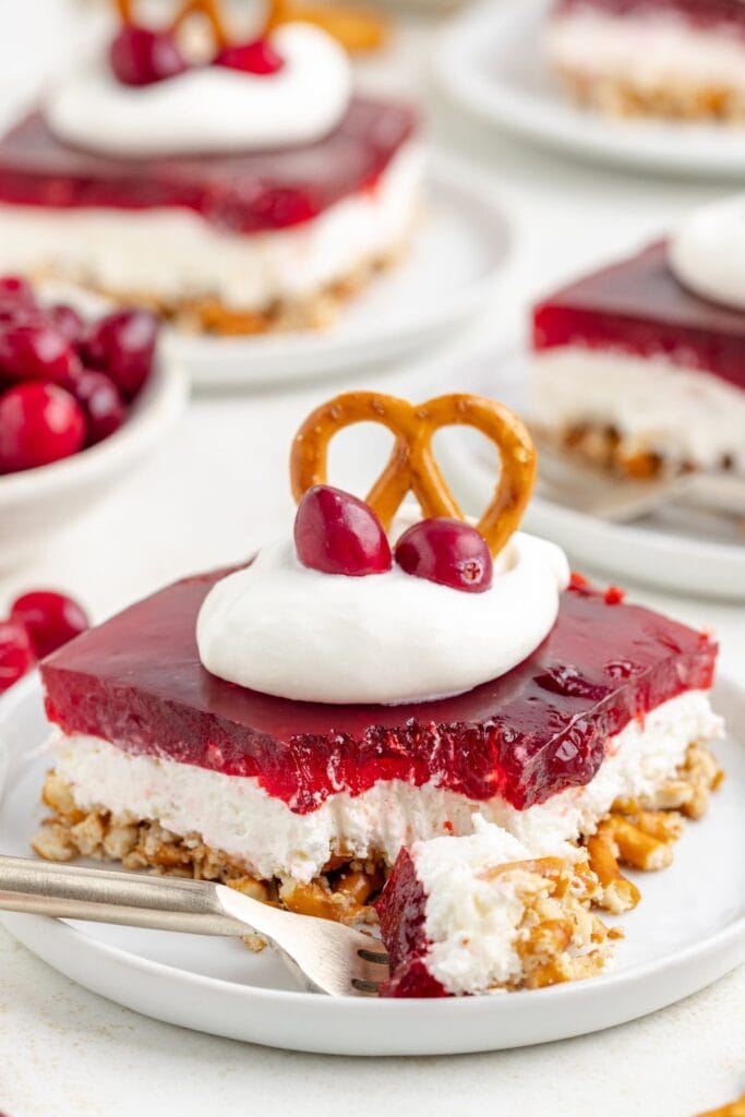 Cranberry pretzel salad on a plate.