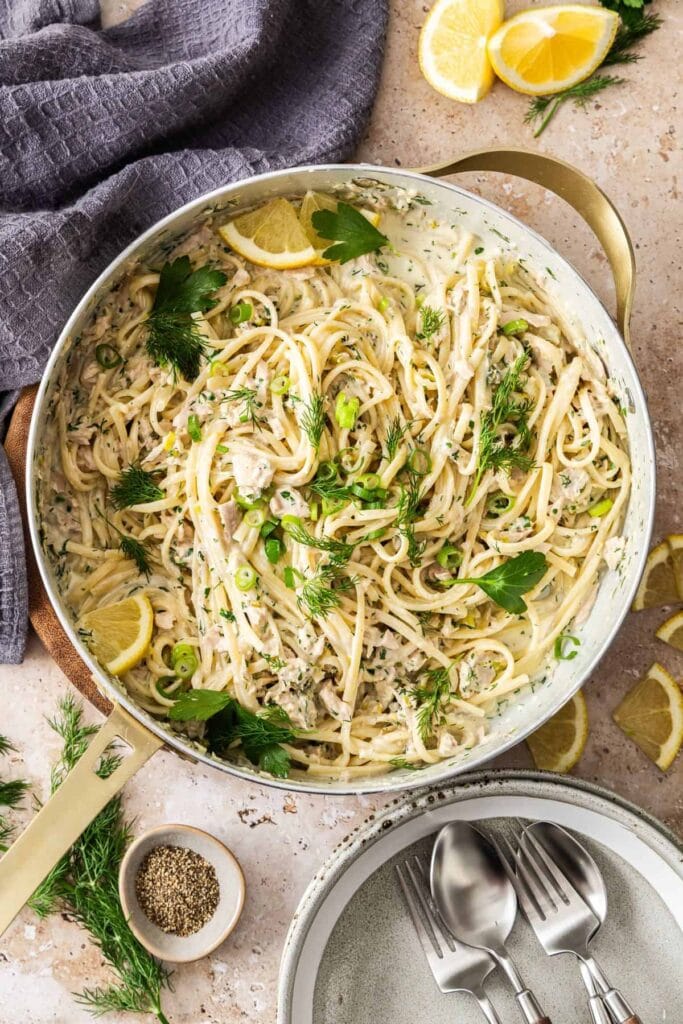 Creamy tuna pasta in a skillet.
