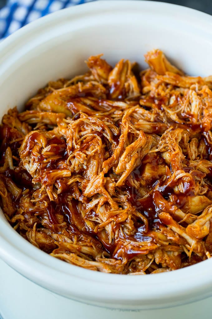 Shredded BBQ chicken in a crockpot.