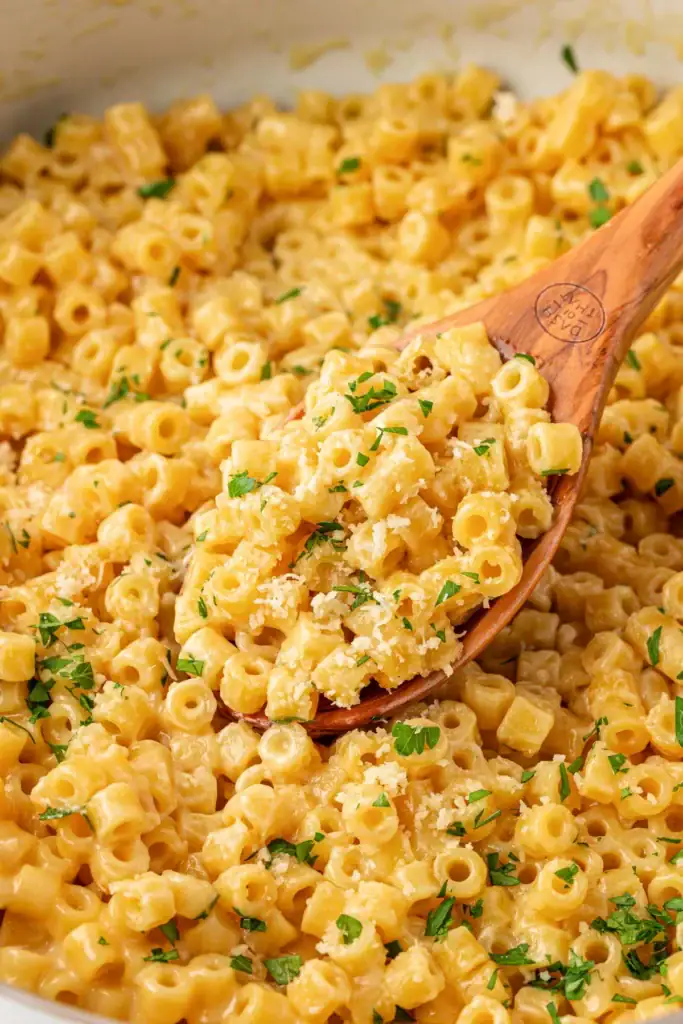 Ditalini pasta on a wooden spoon.