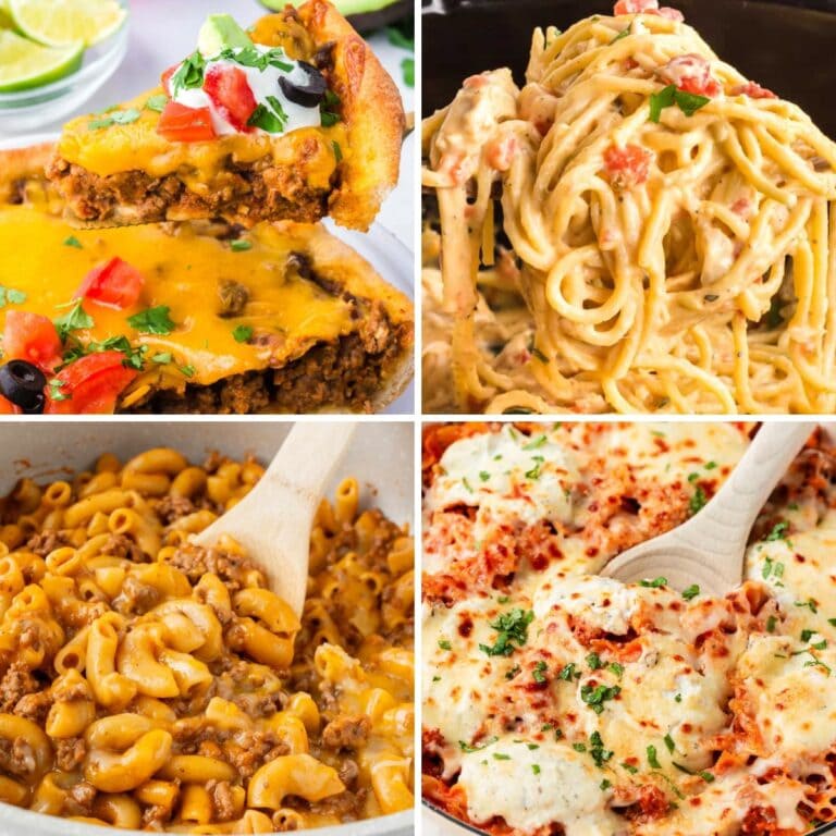 Collage of easy family dinner dishes.