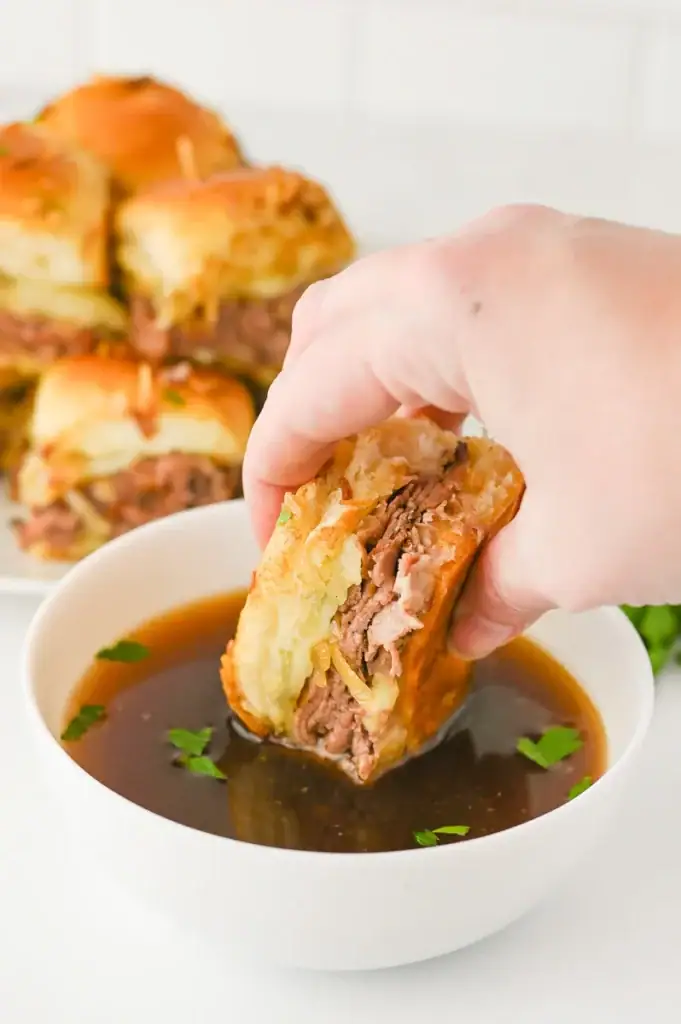 French dip slider dipped in au jus.