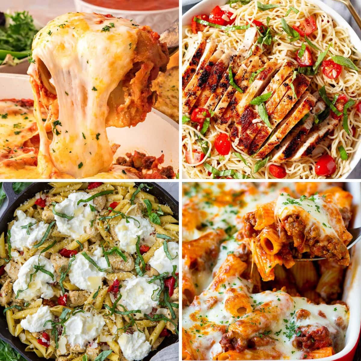 Collage of easy pasta recipes for dinner.