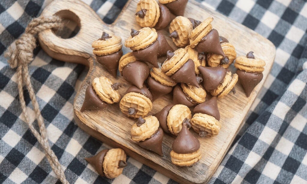 Fall acorn treats on a wooden board.