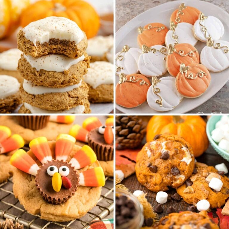 Collage of fall cookie recipes and autumn baking cookie trays.
