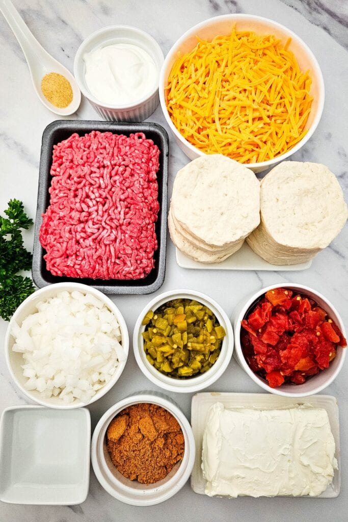 Ingredients for John Wayne Casserole arranged on a countertop.