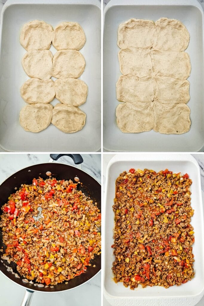 Biscuit dough pressed into a baking dish and seasoned ground beef mixture prepared for John Wayne Casserole.