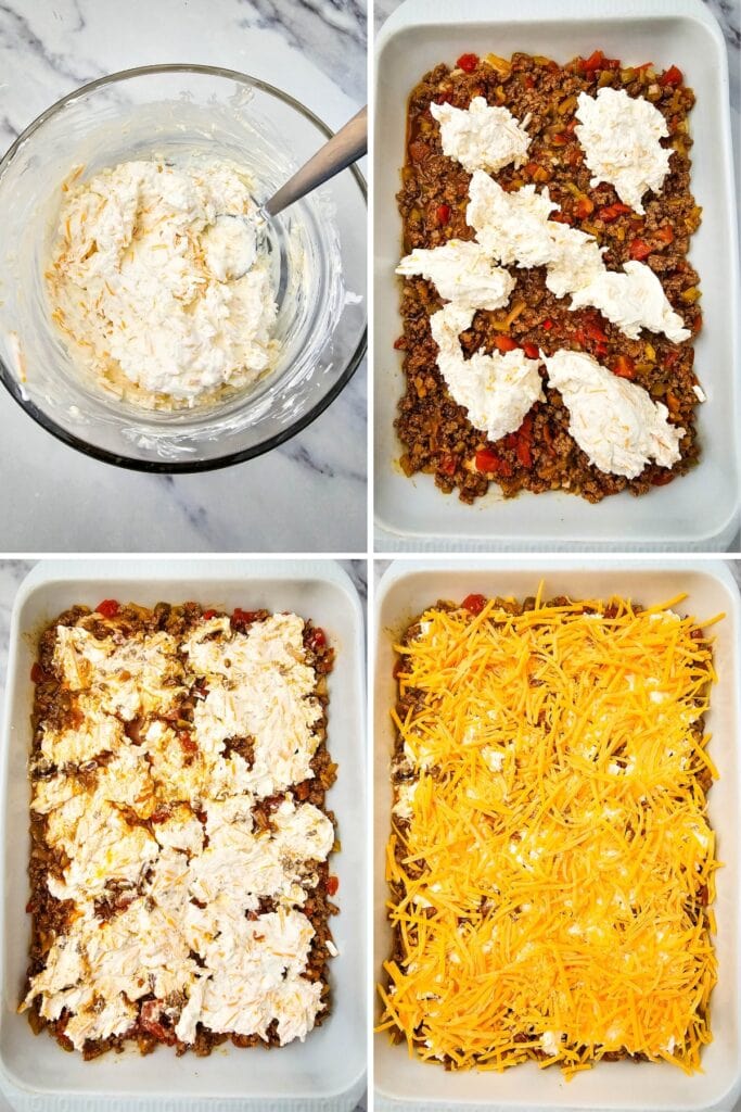Adding the cream cheese mixture and cheddar cheese to John Wayne Casserole before baking.