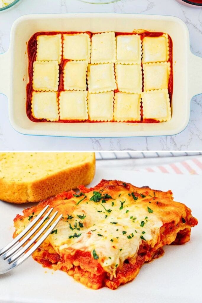 Lasagna in a casserole dish layered with ravioli, underneath slice of lasagna