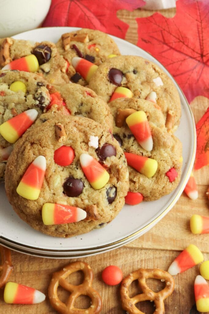 Loaded fall harvest cookies on a plate.