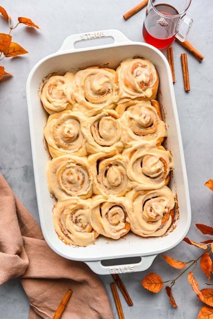 Maple Cinnamon Rolls in a baking dish.