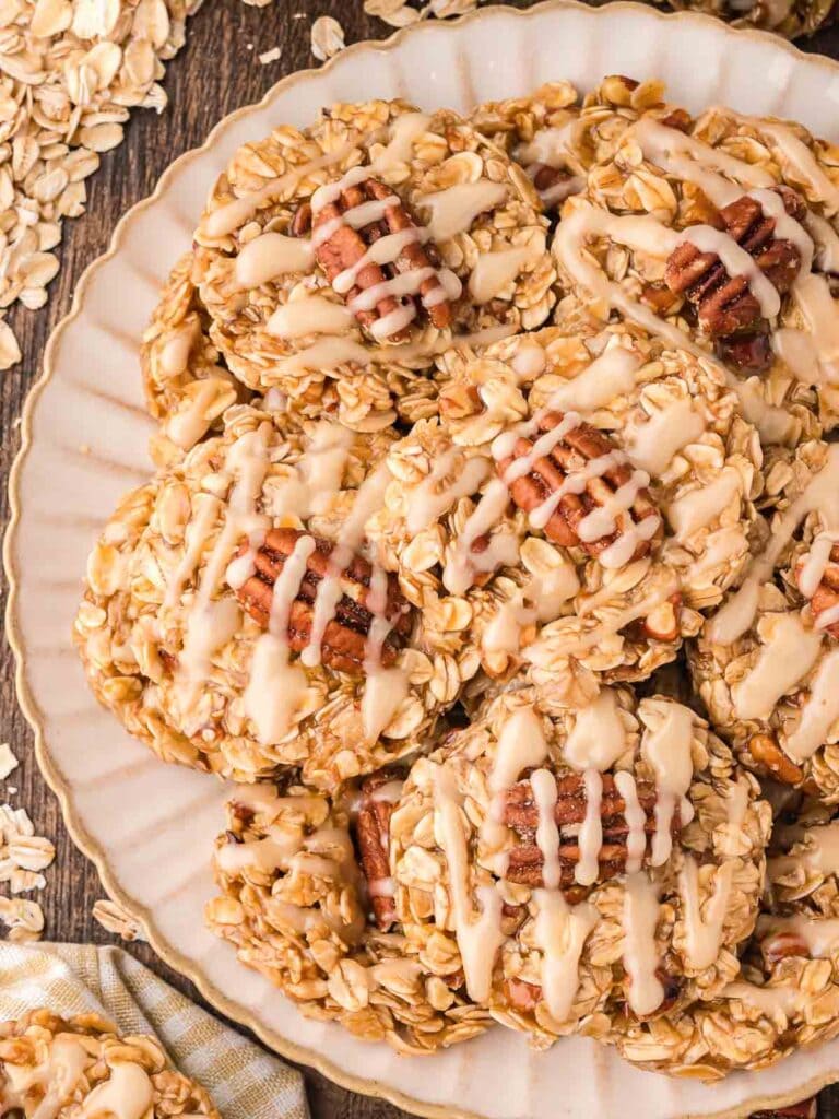 Maple pecan no-bake cookies on a plate.