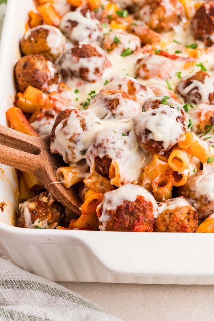 Meatball casserole in a baking dish.