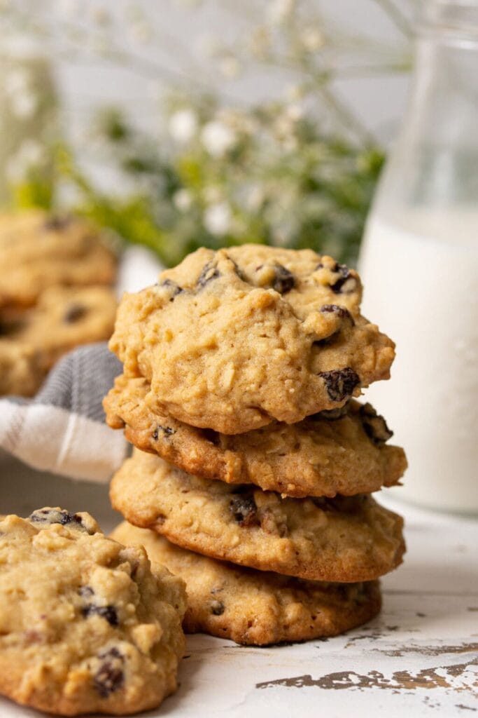 Stack of oatmeal raisin cookies.
