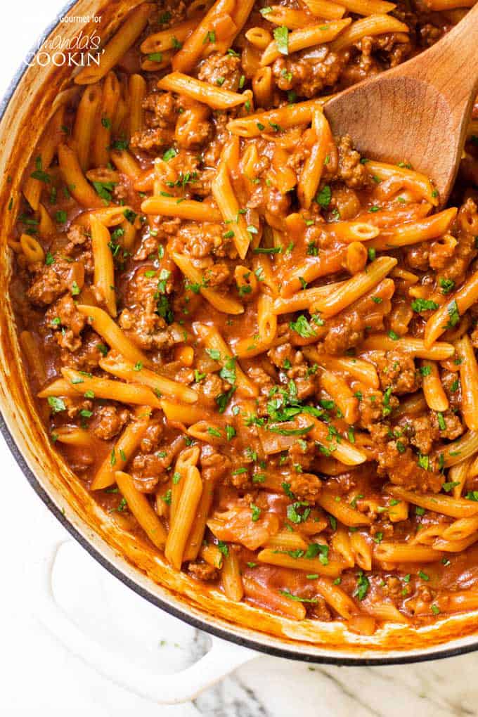 One pot sloppy joe pasta in a pot.