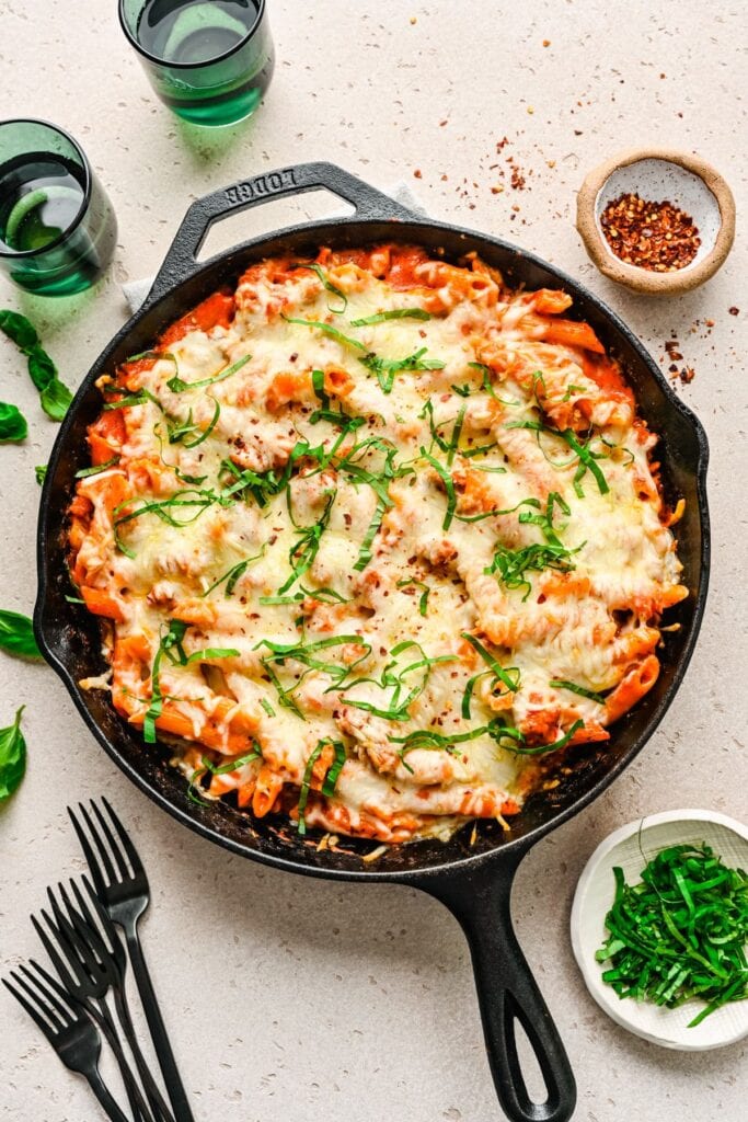 One-skillet baked ziti topped with melted cheese.