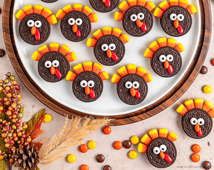 Oreo turkey cookies on a plate.