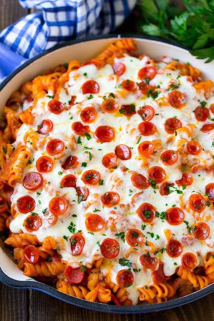 Pizza pasta in a skillet.