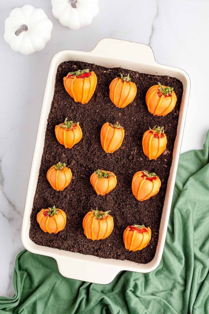 Pumpkin patch brownies in a baking dish.