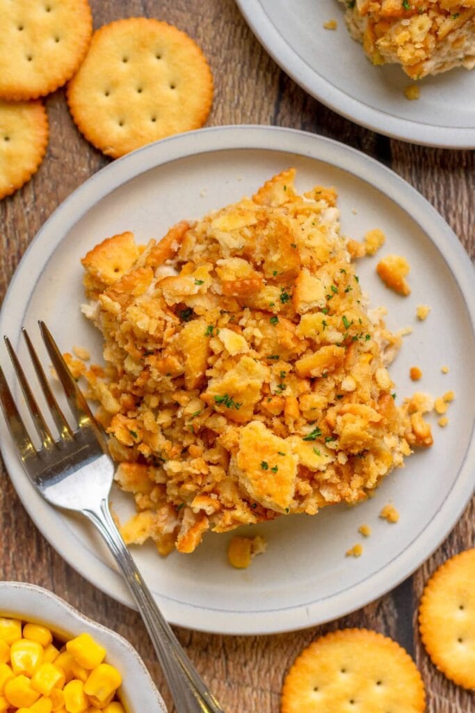 Ritzy chicken casserole on a plate.