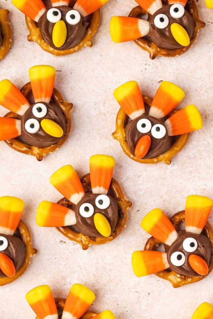 Rolo pretzel turkeys on a plate.