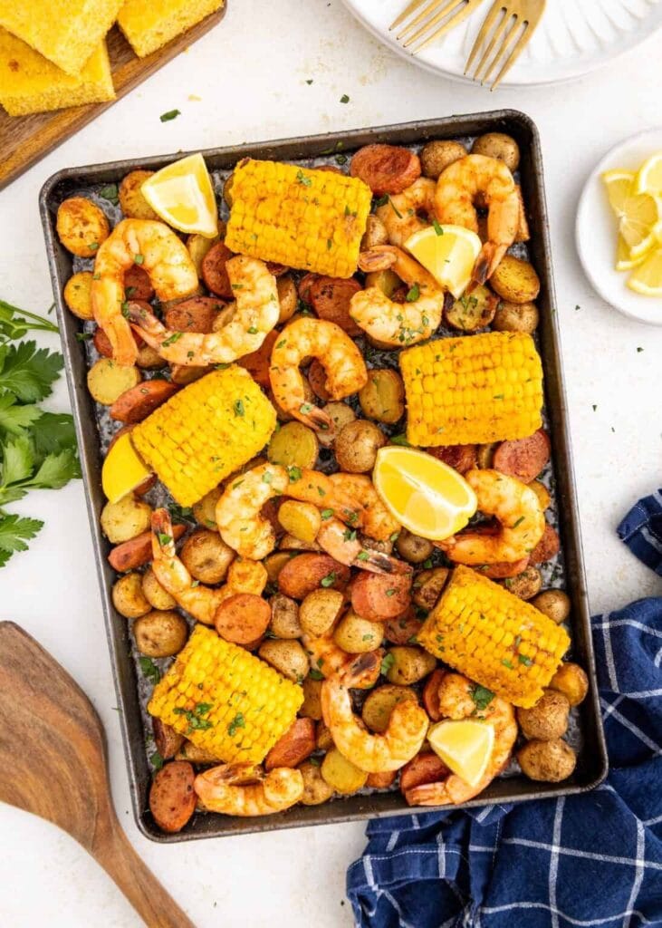 Overhead view of a sheet pan shrimp boil.