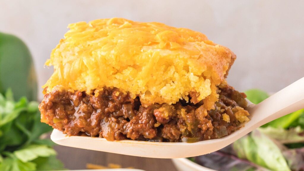 Close-up of Sloppy Joe Casserole on a spoon.